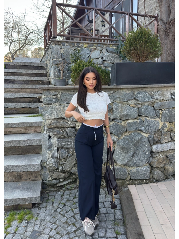 Lacivert Bel Detay Kumaş Pantolon