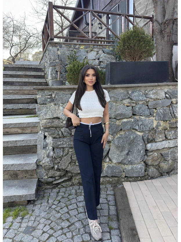 Lacivert Bel Detay Kumaş Pantolon