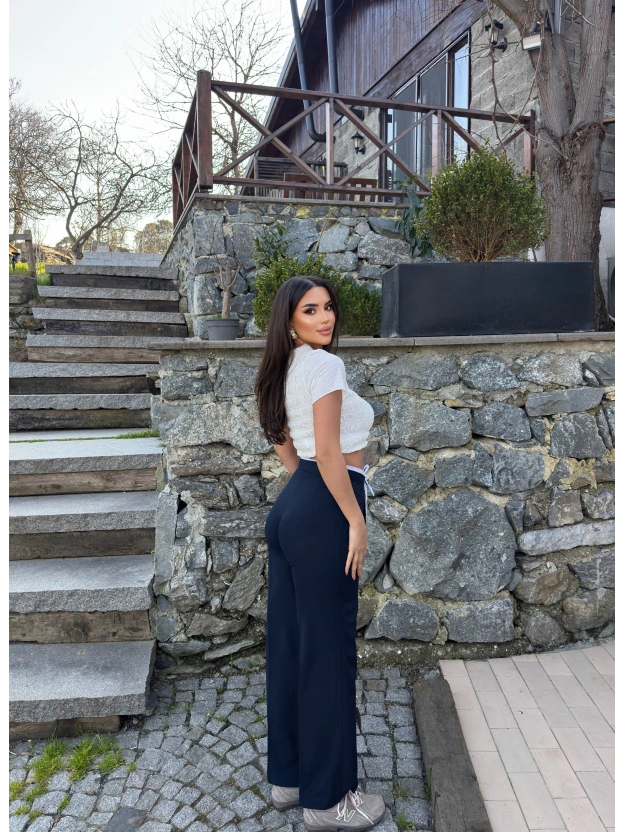 Lacivert Bel Detay Kumaş Pantolon