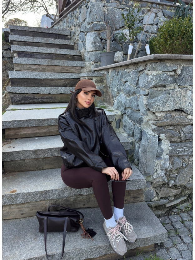 Kahverengi Zra Suni Deri Dik Yaka Deri Ceket