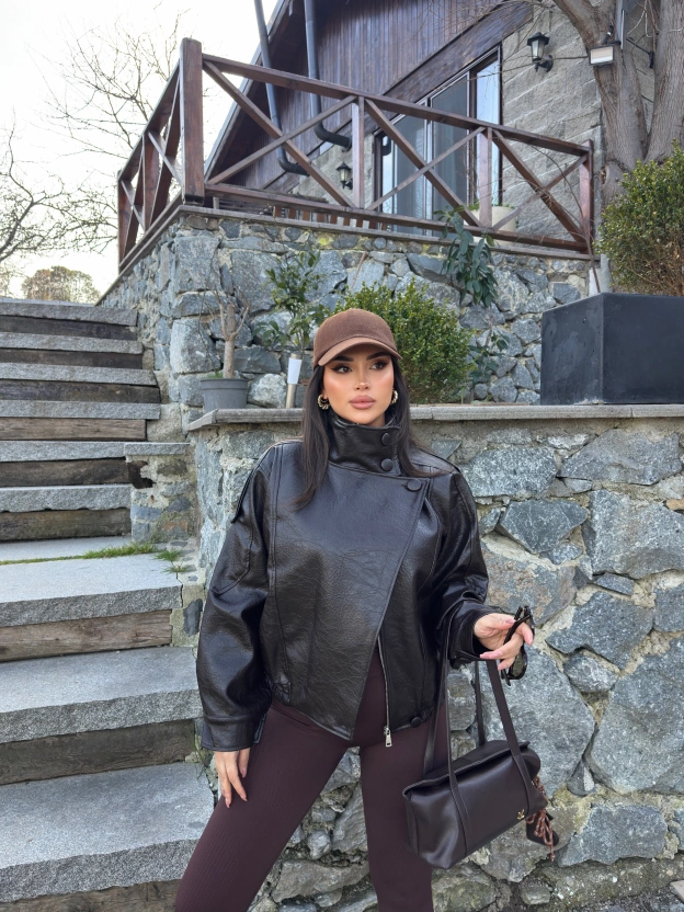 Kahverengi Zra Suni Deri Dik Yaka Deri Ceket