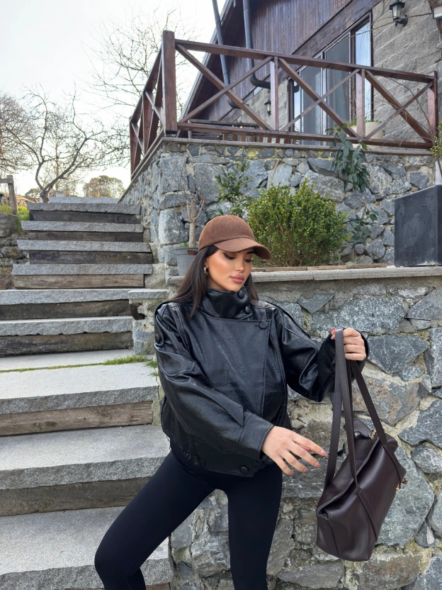 Siyah Zra Suni Deri Dik Yaka Deri Ceket