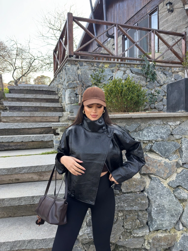 Siyah Zra Suni Deri Dik Yaka Deri Ceket