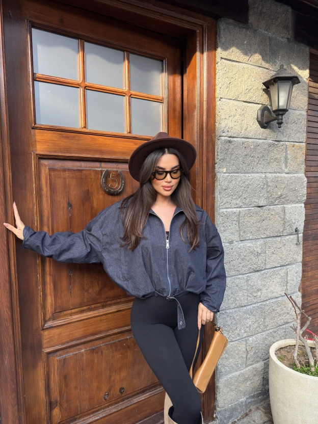 Koyu Mavi Kemer Detay Oversize Kot Ceket