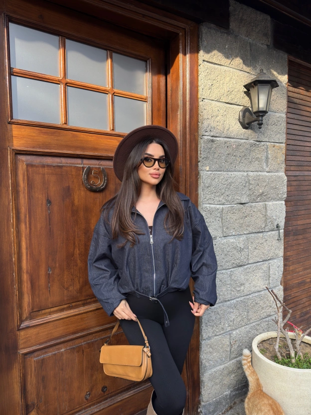 Koyu Mavi Kemer Detay Oversize Kot Ceket