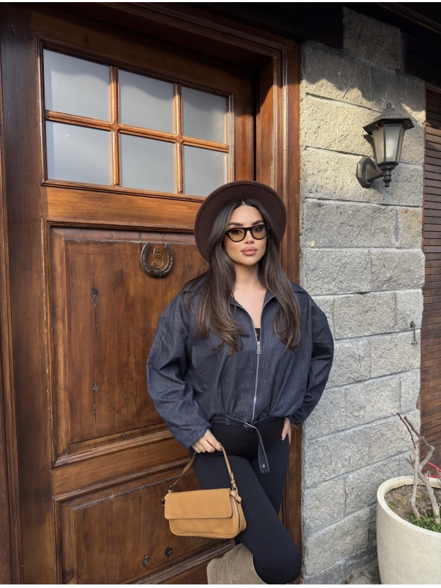 Koyu Mavi Kemer Detay Oversize Kot Ceket