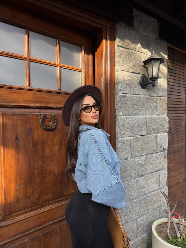 Buz Mavisi Dik Yaka Kot Ceket