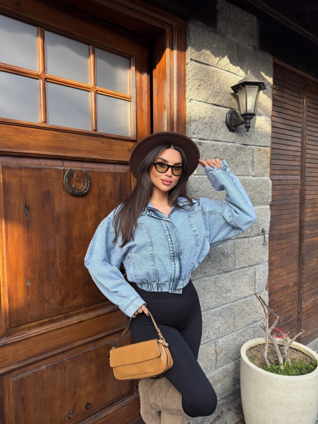 Buz Mavisi Dik Yaka Kot Ceket