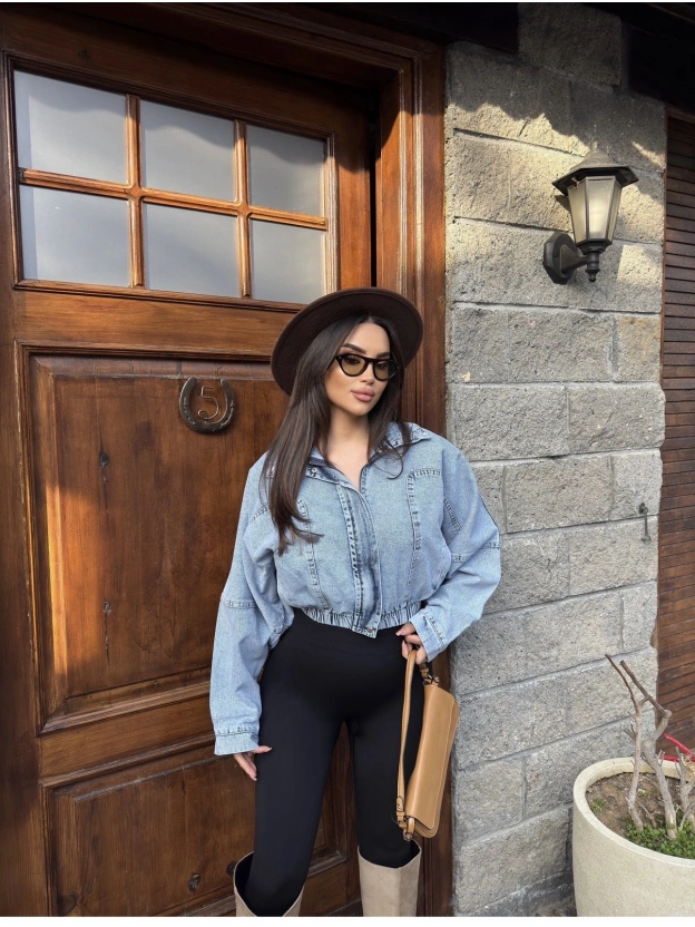 Buz Mavisi Dik Yaka Kot Ceket