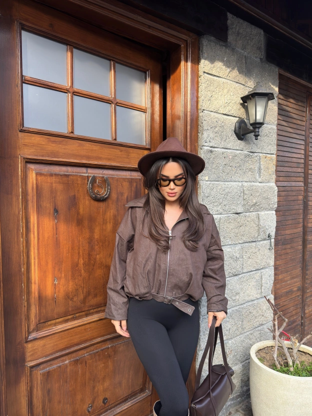 Kahverengi Kemer Detay Oversize Kot Ceket