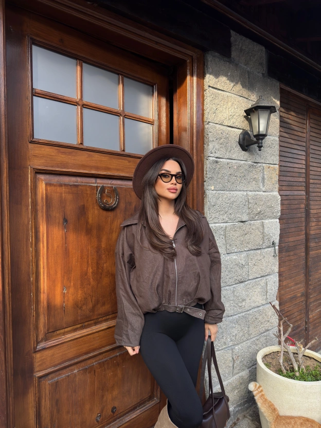 Kahverengi Kemer Detay Oversize Kot Ceket