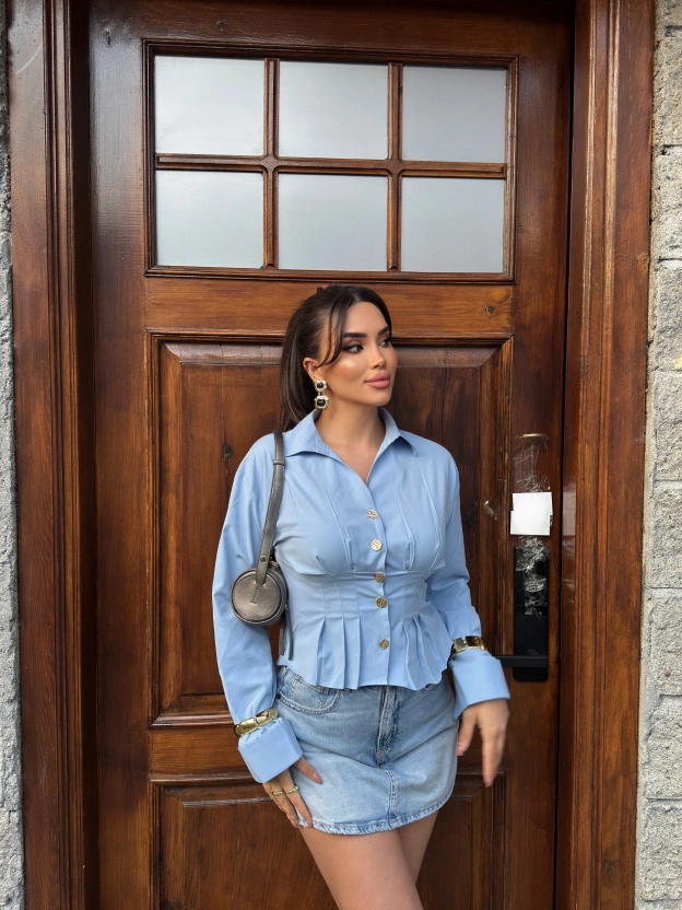 Mavi Gold Düğmeli Korseli Gömlek