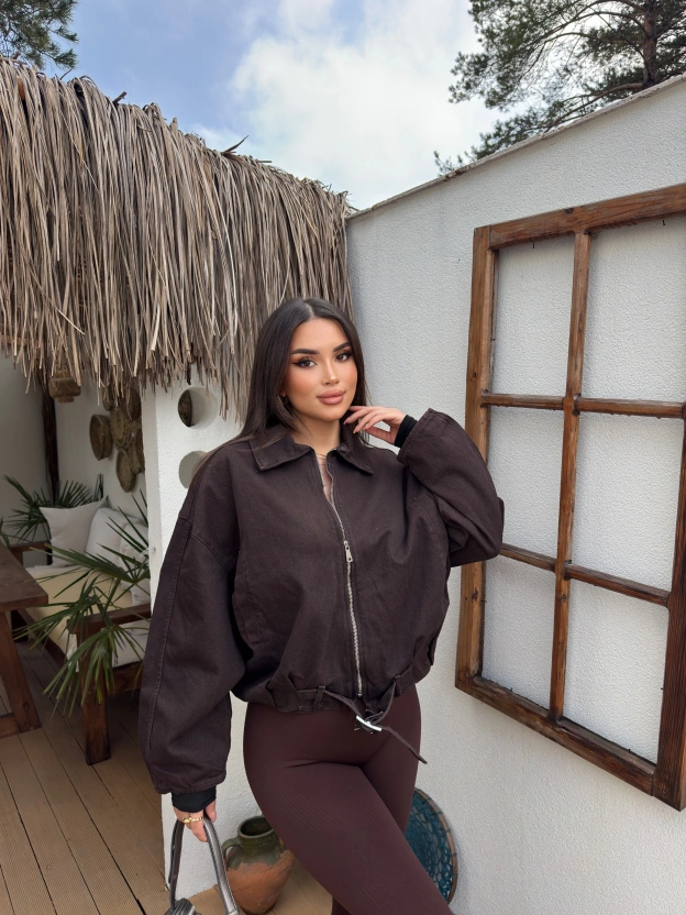 Acı Kahve Denim Kemer Detay Oversize Ceket