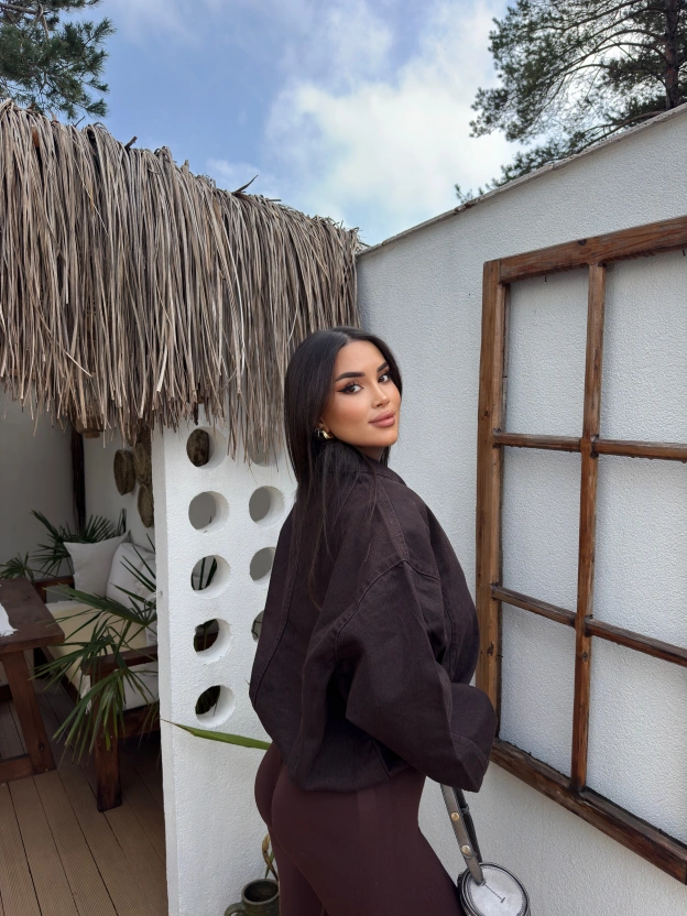 Acı Kahve Denim Kemer Detay Oversize Ceket