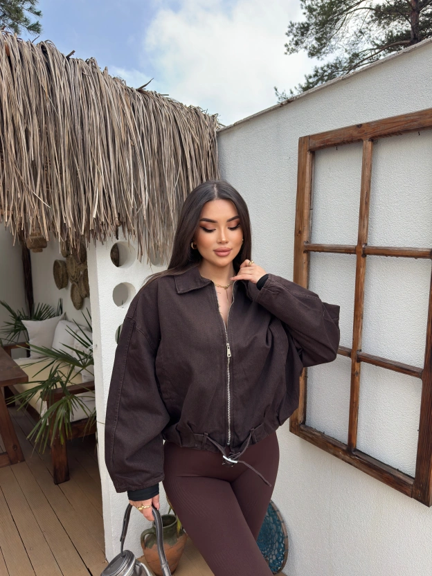 Acı Kahve Denim Kemer Detay Oversize Ceket