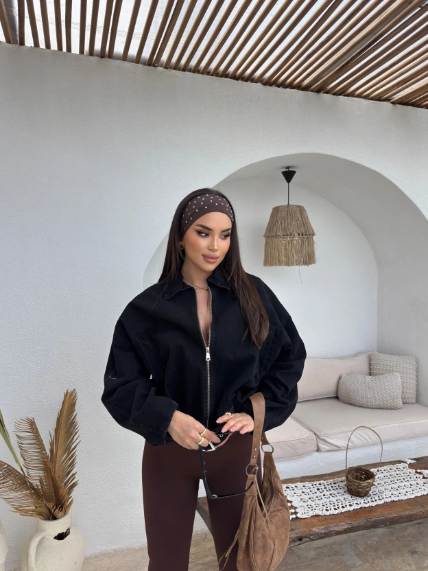 Siyah Denim Kemer Detay Oversize Ceket