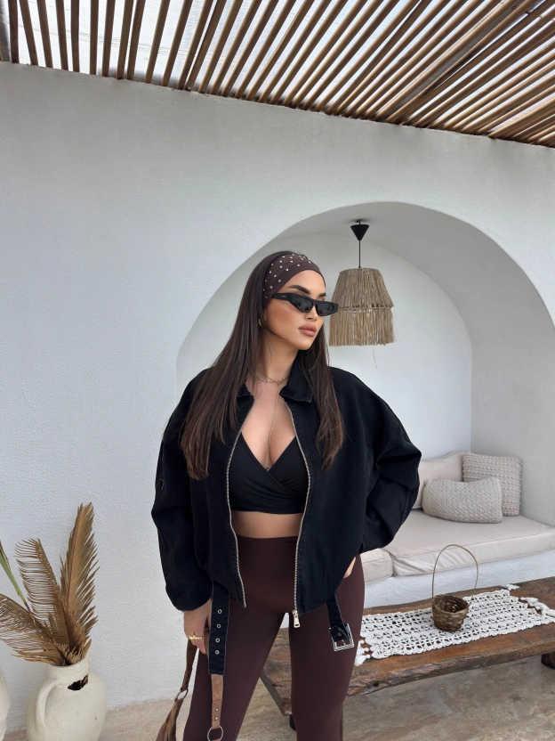 Siyah Denim Kemer Detay Oversize Ceket