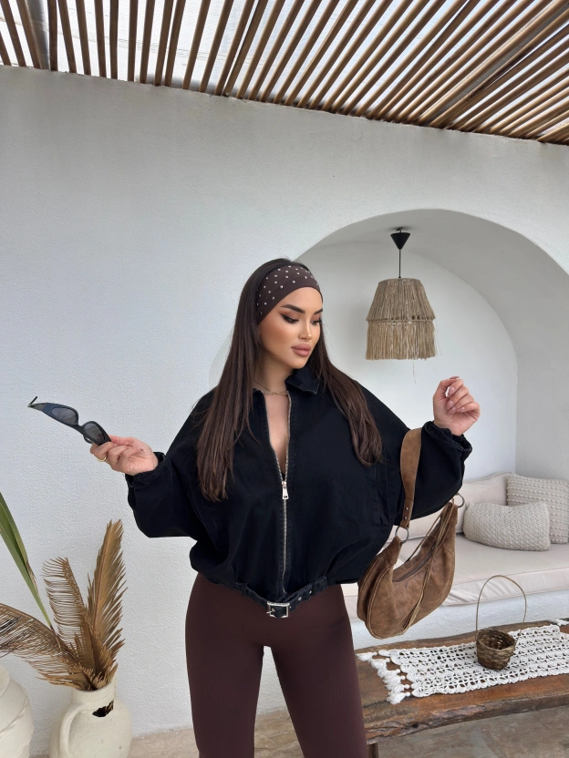 Siyah Denim Kemer Detay Oversize Ceket