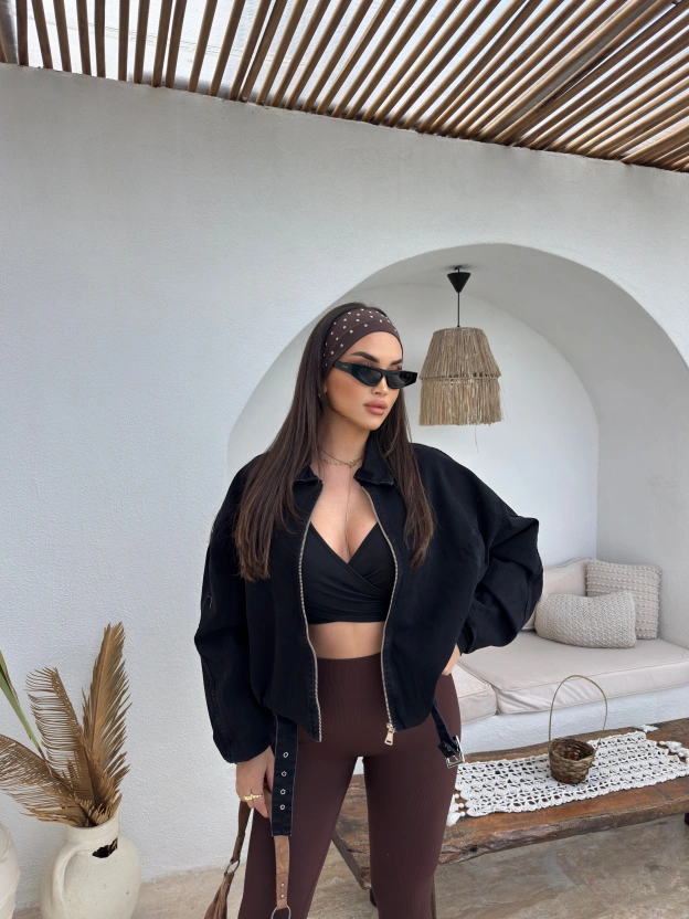 Siyah Denim Kemer Detay Oversize Ceket