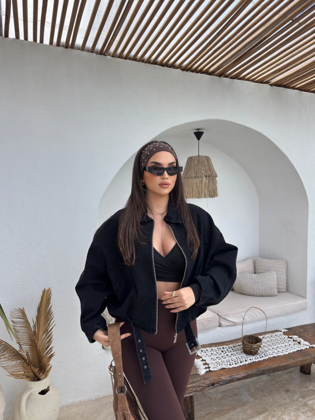 Siyah Denim Kemer Detay Oversize Ceket