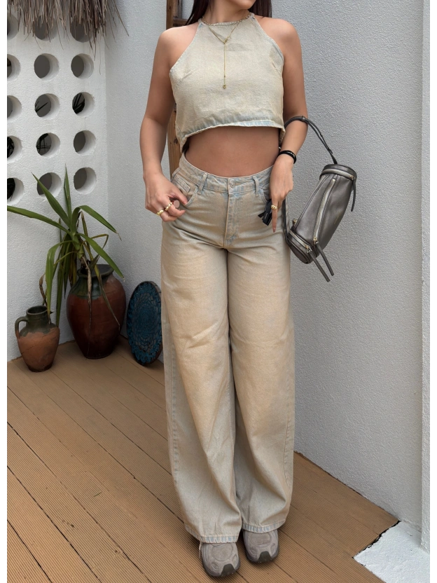 Eskitme Kumaş Boyundan Bağlamalı Denim Takım