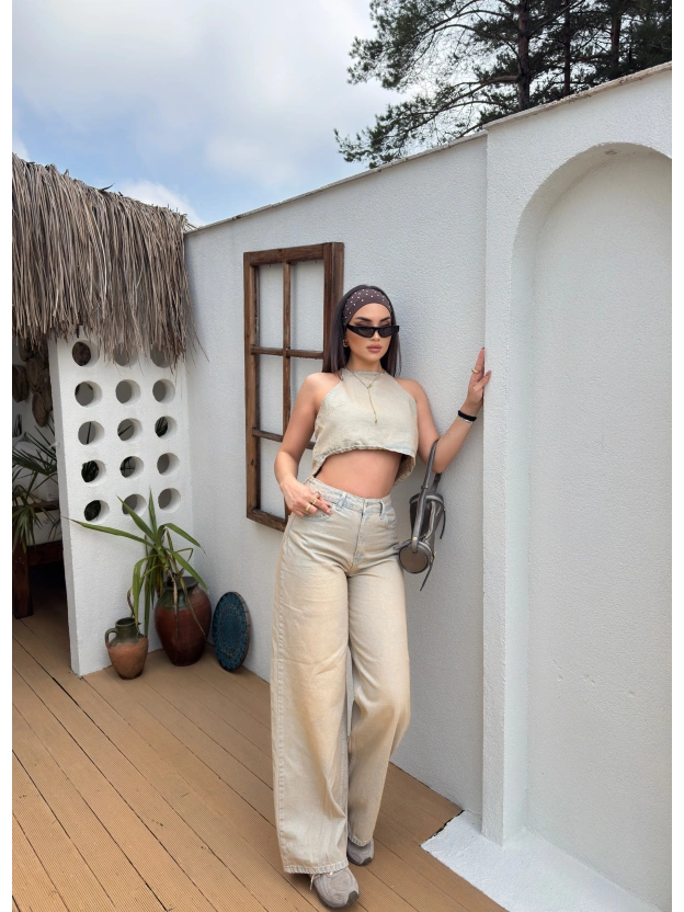 Eskitme Kumaş Boyundan Bağlamalı Denim Takım