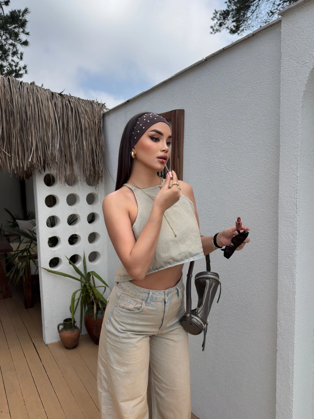 Eskitme Kumaş Boyundan Bağlamalı Denim Takım