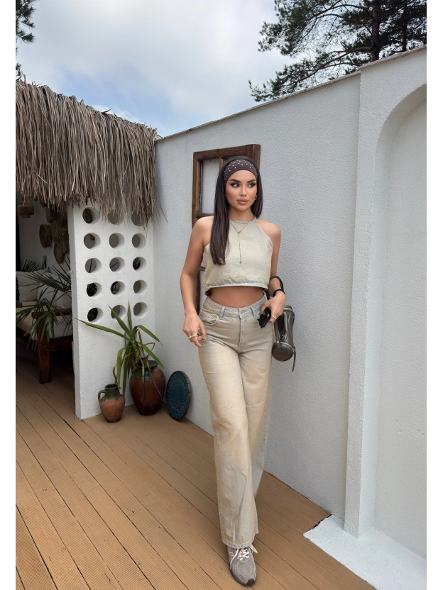 Eskitme Kumaş Boyundan Bağlamalı Denim Takım