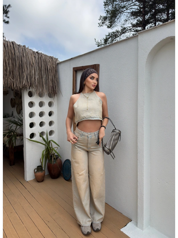 Eskitme Kumaş Boyundan Bağlamalı Denim Takım