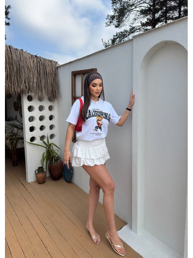 Beyaz California Baskılı Oversize Tshırt