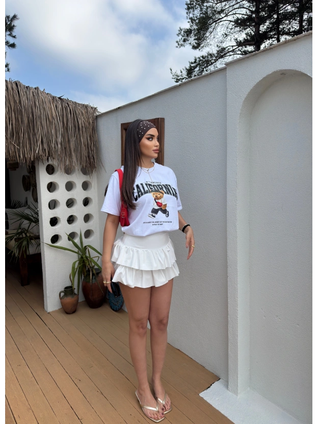 Beyaz California Baskılı Oversize Tshırt