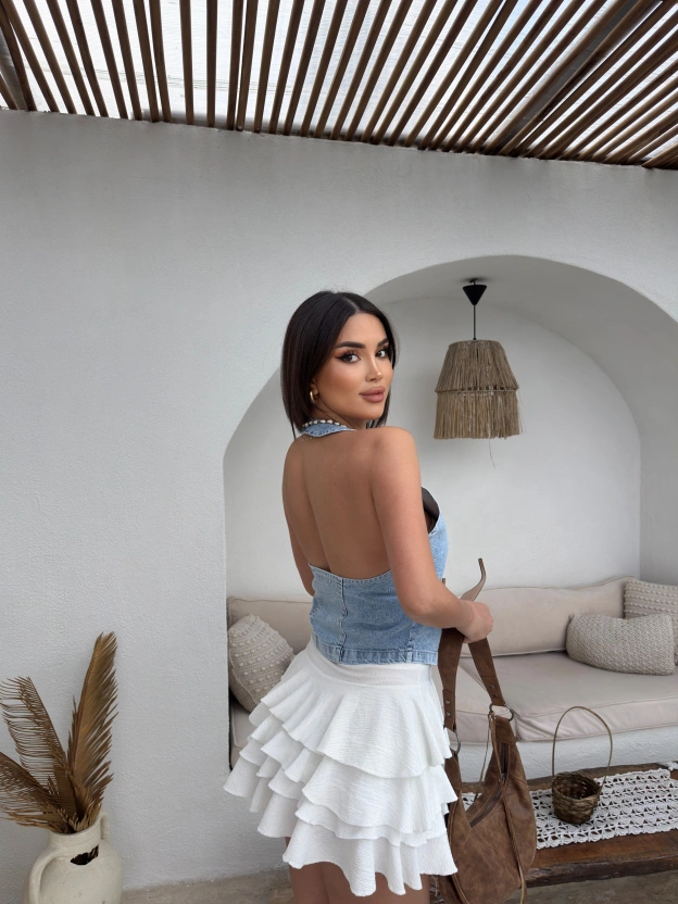 Mavi Kar Yıkamalı Boyundan Geçirmeli Crop