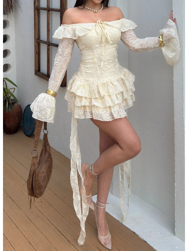 Bej Gipeli Tasarım Mini Elbise