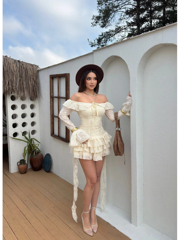 Bej Gipeli Tasarım Mini Elbise