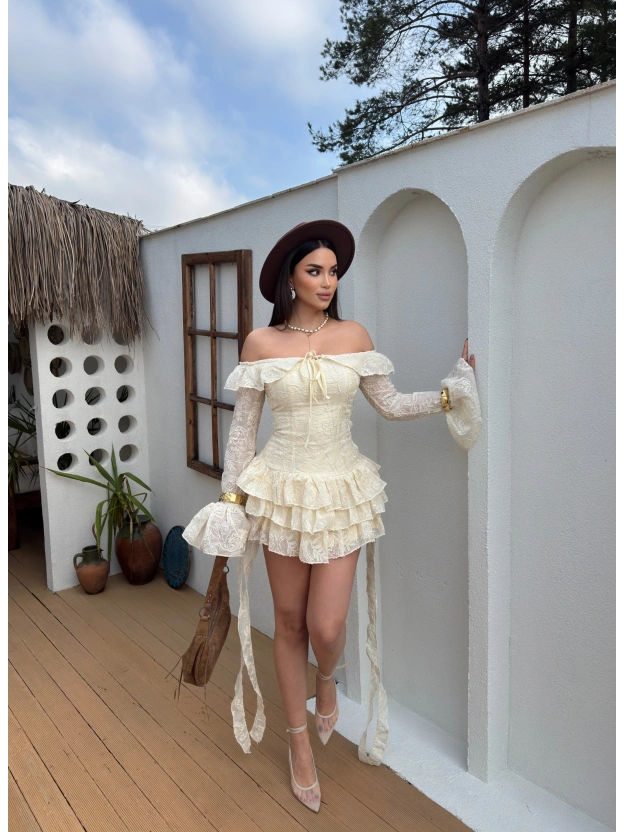 Bej Gipeli Tasarım Mini Elbise