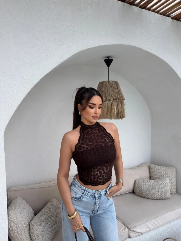 Kahverengi Boyundan Bağlamalı Astarlı Güpürlü Crop