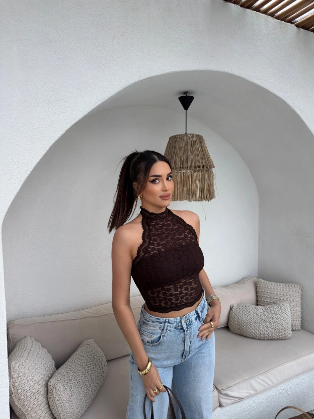 Kahverengi Boyundan Bağlamalı Astarlı Güpürlü Crop