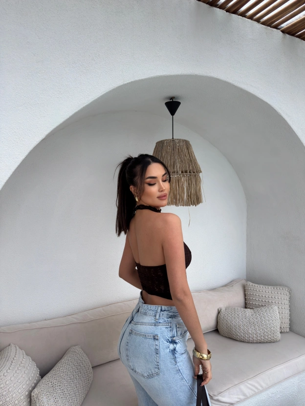 Kahverengi Boyundan Bağlamalı Astarlı Güpürlü Crop