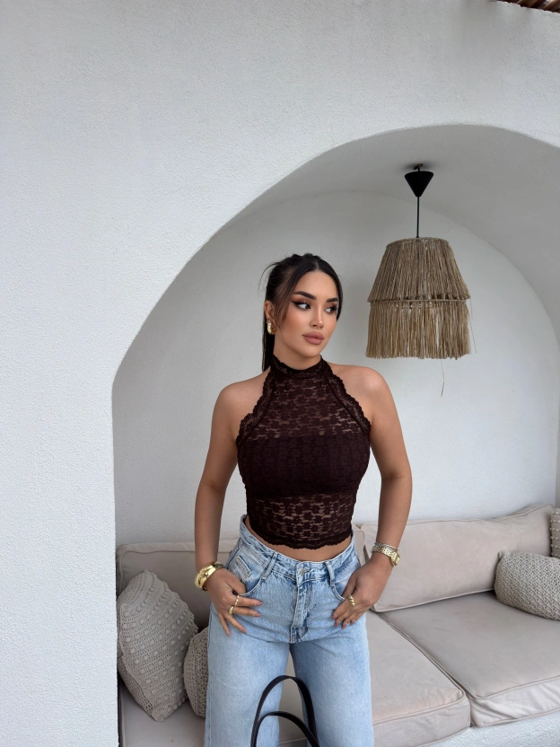 Kahverengi Boyundan Bağlamalı Astarlı Güpürlü Crop