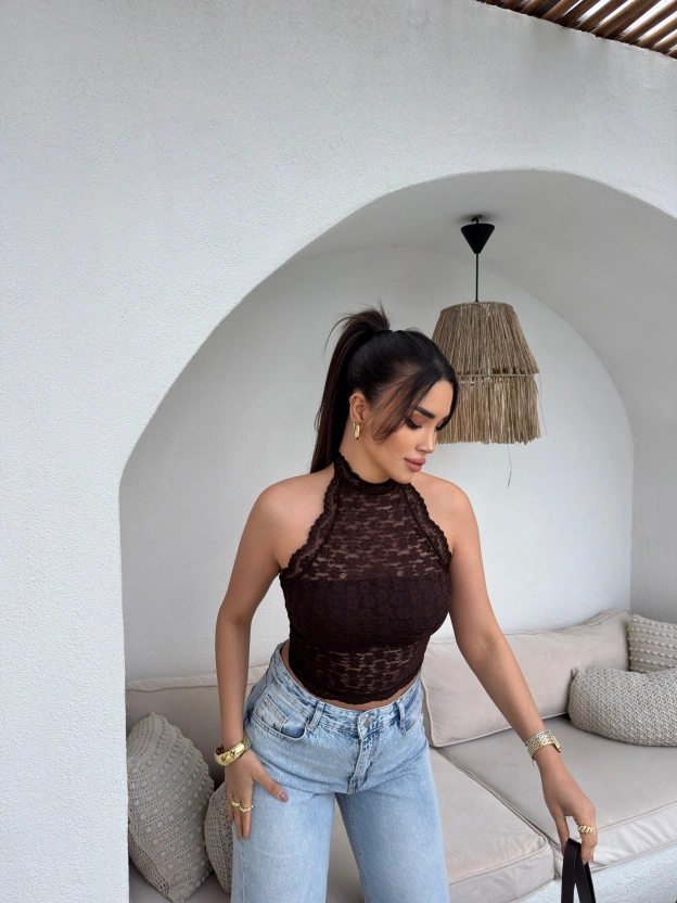 Kahverengi Boyundan Bağlamalı Astarlı Güpürlü Crop