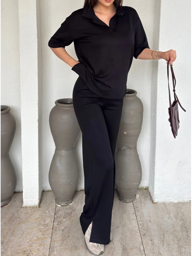 Siyah Polo Yaka Oversize Modal Takım