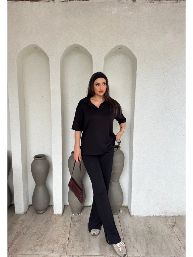 Siyah Polo Yaka Oversize Modal Takım