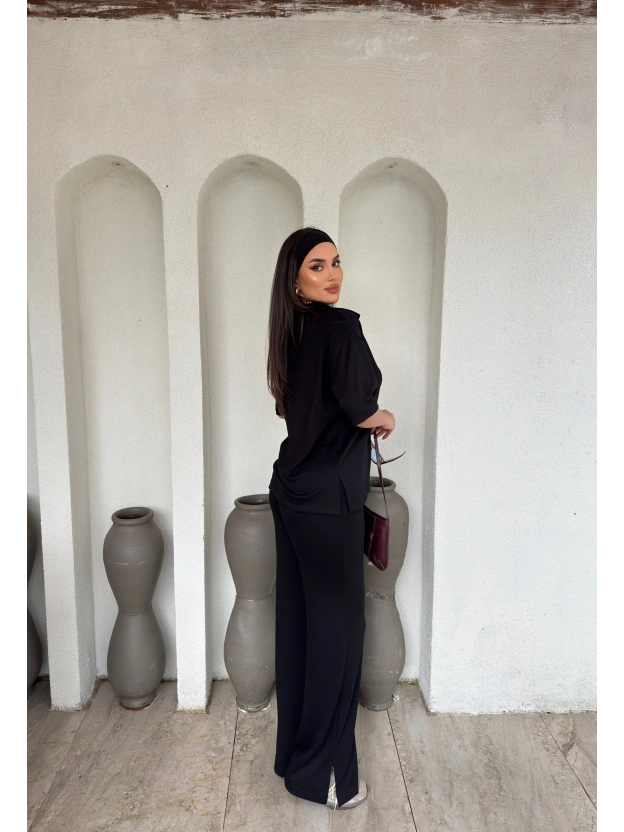 Siyah Polo Yaka Oversize Modal Takım