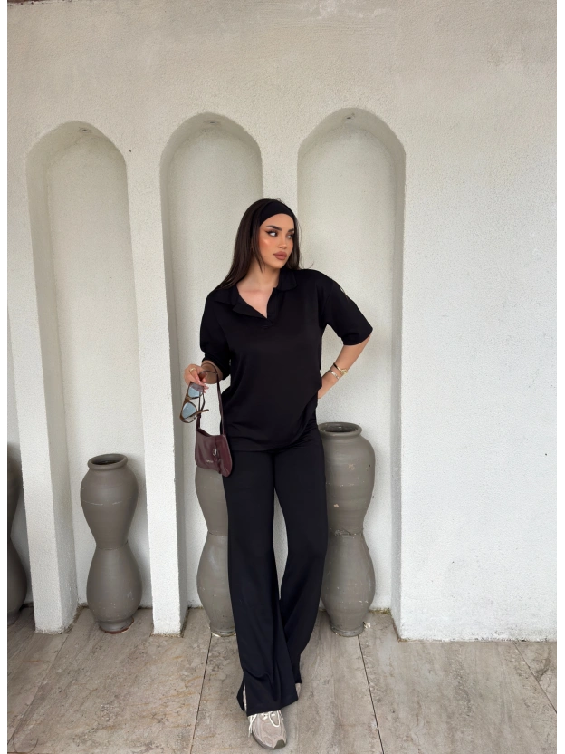 Siyah Polo Yaka Oversize Modal Takım