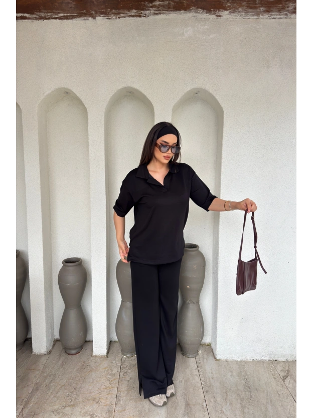 Siyah Polo Yaka Oversize Modal Takım
