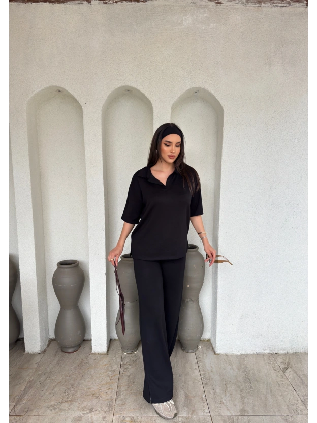 Siyah Polo Yaka Oversize Modal Takım