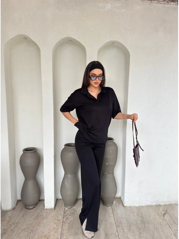 Siyah Polo Yaka Oversize Modal Takım