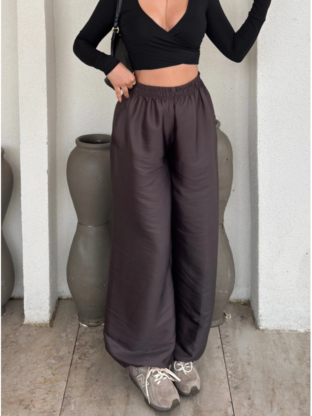 Kahverengi Saten Barrel Fit Pantolon