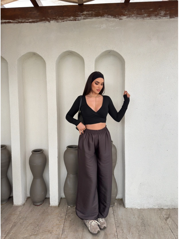 Kahverengi Saten Barrel Fit Pantolon