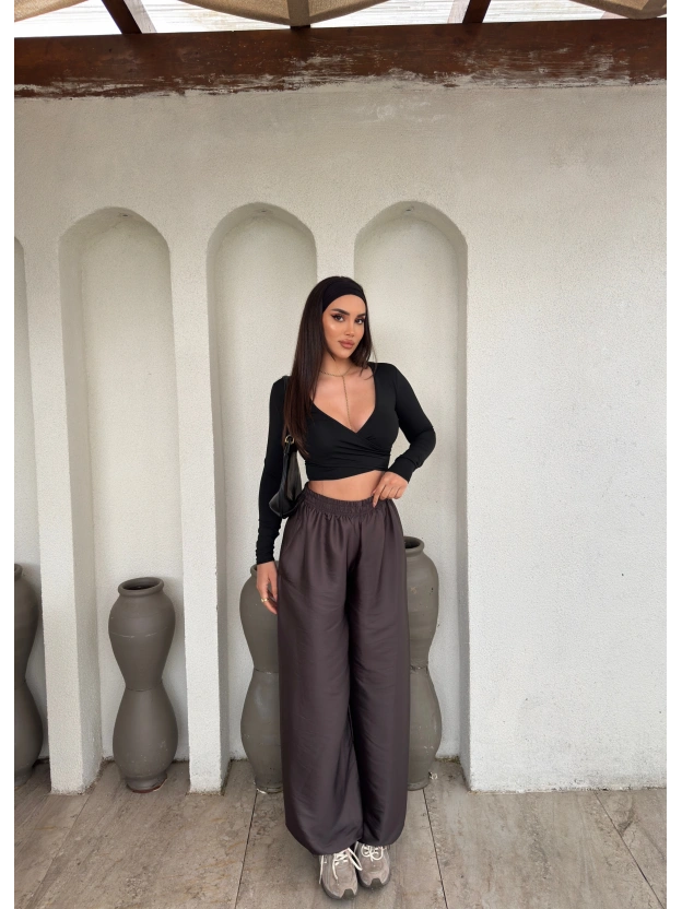 Kahverengi Saten Barrel Fit Pantolon